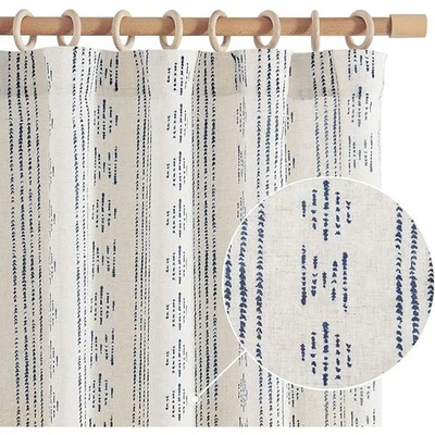  Cortinas Boho Beige con Detalle Geométrico Azul 50" X 96" 2 Paneles Barra Clip Pestaña Foto 1 de 4