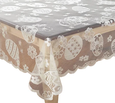 Fabric Lace Tablecloth 60" x 84" Oblong (6-8 people) EGG HUNT LACE ON WHITE, BM Foto 1 de 4