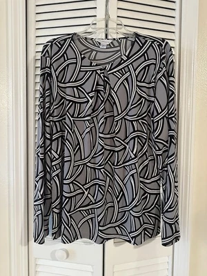 Liz Claiborne Sz XL Gray Black Keyhole Stretch Top Long Sleeve Pullover Career Foto 1 de 4