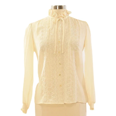 Blusa victoriana vintage años 70 bordada transparente para mujer M marfil cuello con volantes Foto 1 de 4
