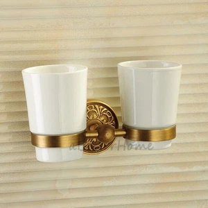 Retro Art Carved Bathroom Wall Mounted Double Ceramic Cups Toothbrush Holder Set - Picture 1 of 4