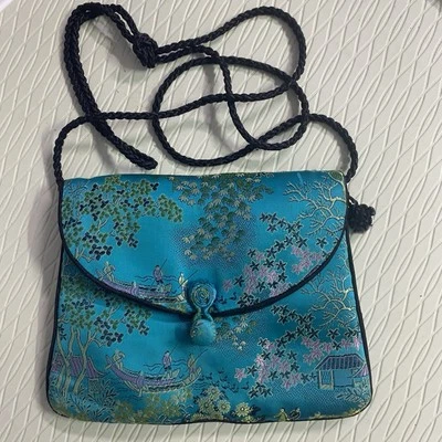 Hand Made Teal Blue Pure Silk Embroidery Mini Cross-body Purse 8x6x.75” - Image 1 of 4