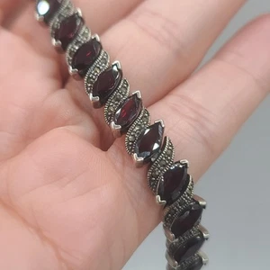 Red Rhinestone Tennis Bracelet Signed 925 Marcasite NICE 8" - Picture 1 of 13