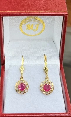14k Solid Gold Leverback Dangle Earrings, Natural Ruby 1.65 Grams - Image 1 of 4