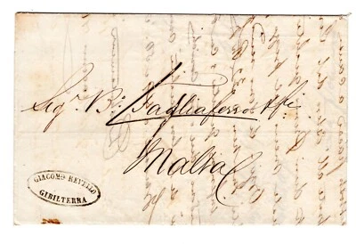 Gibraltar 1856 Giacomo & Revello Cubierta Plegada Sin Estampillas a Malta Con Carta Foto 1 de 3