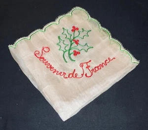 VINTAGE ‘SOUVENIR DE FRANCE’ HANDKERCHIEF - CHRISTMAS HOLLY - Picture 1 of 6