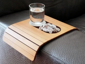 Flexible Wooden Slinky Sofa Table with Coaster and Snacks Holder for Armrest Oak - Picture 1 of 10