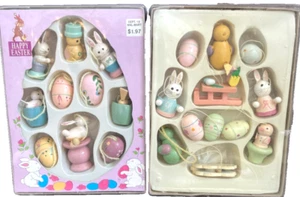 Vintage Easter WOODEN MINIATURE TREE ORNAMENTS 22 Bunnies Chickens Eggs Painted - Picture 1 of 5