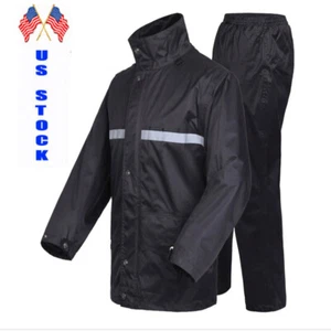 Safety Rain Suits Black Motorcycle Raincoat Suit Waterproof Fishing Pants US - Picture 1 of 17