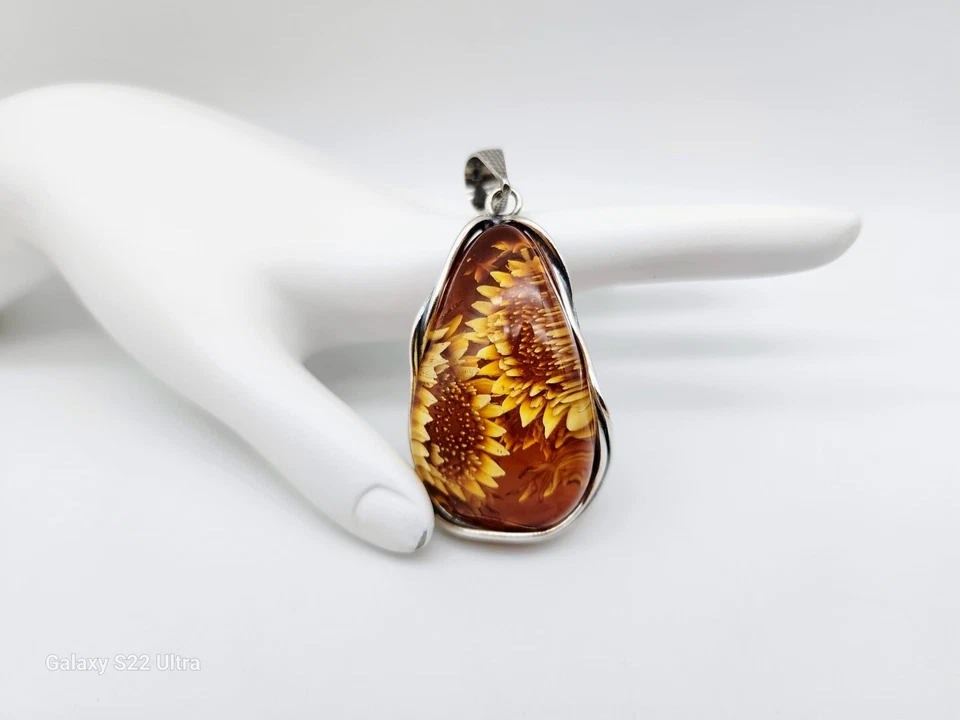 LG NUEVO. COLGANTE GIRASOL INTAGLIO ÁMBAR NATURAL TALLADO A MANO PLATA DE LEY 925 Foto 1 de 4