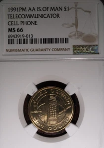 1991 PM AA NGC MS 66 ISLE OF MAN £1 ONE POUND COMMUNICATIONS CELL PHONE - Picture 1 of 2