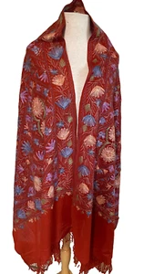 Großes Woll-Schal/Halstuch Kaschmir Crewel handbestickt Blumen - Bild 1 von 9