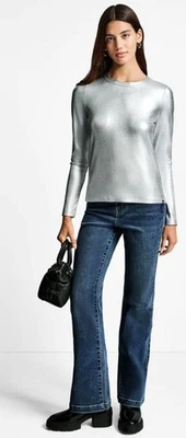 DKNY JEANS METALLIC SILVER FOIL RIB KNIT LONG SLEEVE TOP - SIZE LARGE - NWT $49. - Image 1 of 4