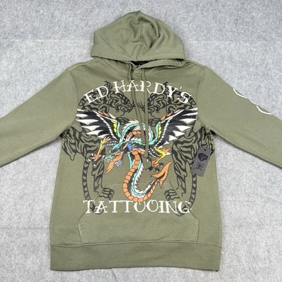 Sudadera con Capucha Ed Hardy Para Hombres Tatuaje Dragón Talla Pequeña Verde Oliva Nueva Foto 1 de 4