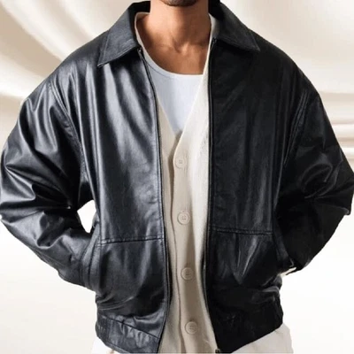 Chaqueta de cuero de gran tamaño para hombre negra de cuero genuino holgada chaqueta de abrigo de bombardero Foto 1 de 4