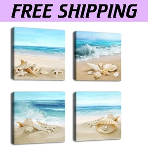 Captivating Coastal Canvas Wall Art with Beach Seashells - 4 Panels, 16"x16" - Picture 1 of 6