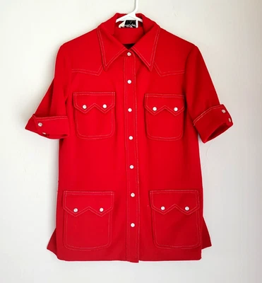 Vintage Butte Knit jacket shirt western 70s snap short sleeve red textured sz M - Image 1 of 4