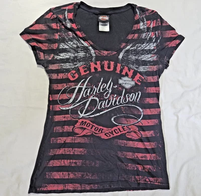 Harley-Davidson Йеллоустоун женщин черный рубашка Sz M ангельские крылья красные полоски хлопок - Изображение 1 из 4