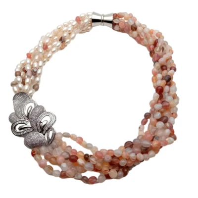 Collar Colgante 6 Filas Cultivado Blanco Arroz Perla Rosa Ágata Circonita Pavé Flor Foto 1 de 4