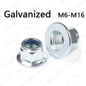 Galvanized Steel Hex Flange Lock Nuts With Nylon Insert M6 M8 M10 M12 M14 M16 - Picture 1 of 5