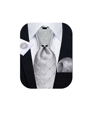 Corbatas de seda para hombre gris plata a cuadros corbata bolsillo cuadrado conjunto de gemelos con... Foto 1 de 4