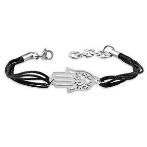 Pulsera de Mano Hamsa Buena Suerte de Acero Inoxidable Tono Plateado Cordón Negro Hamsa - Imagen 1 de 2