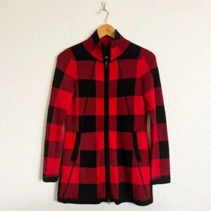 Adrienne Vittadini Red Buffalo Plaid Zip Up Fitted Sweater Jacket Tunic Length - Picture 1 of 10