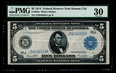 1914 $5 Federal Reserve Note Kansas City White Mellon PMG VF 30 - Image 1 of 2