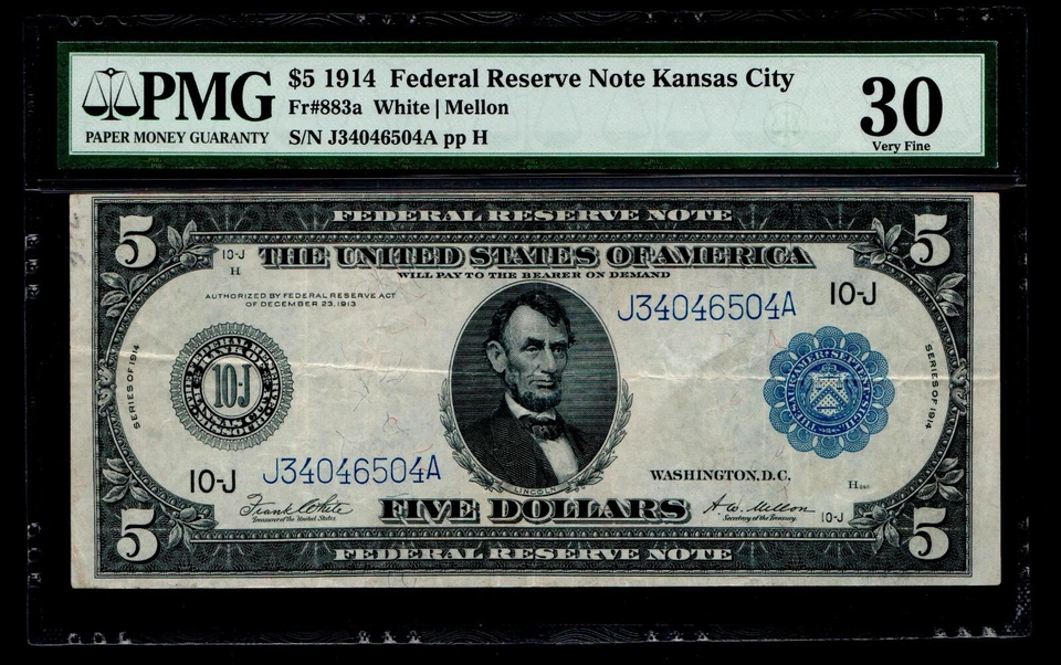 1914 $5 Federal Reserve Note Kansas City White Mellon PMG VF 30 - Image 1 of 2