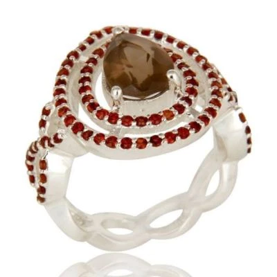Smoky and Garnet Gemstone 925 Silver Cluster Infinity Design Statement Ring - Image 1 of 4