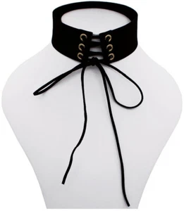 Black Suede String Lace-Up Corset Gold Grommet Choker Necklace Accessory - Picture 1 of 10