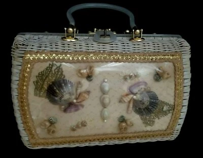 Vintage Princess Charming ATLAS Shell White Straw Woven Wicker PURSE HANDBAG BAG - Image 1 of 4
