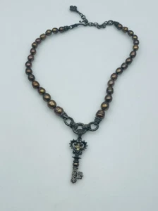 Barbara Bixby Sterling Silver & 18k Gold Pearl Beaded Necklace Key Pendant - Picture 1 of 8