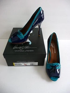 Donald J. Pliner Heels NIB Penni 2626 Navy and Turq Patent Pumps Peep Toe $245 - Picture 1 of 12