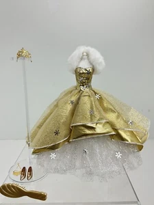Vtg Barbie Outfit Complete Shiny Gold Dress Gown With fur Crown 2000s Mattel New - Picture 1 of 14