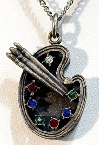 Vintage House of Borvani Painter Palette Rhinestone Silver Tone Pendant Necklace - Picture 1 of 4
