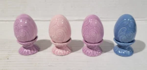 4 - Vtg Ceramic Easter Eggs on Pedestal Stands 1 Blue, 2 Purple & 1 Pink - Picture 1 of 3