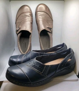 Lotto 2 Scarpe Clarks Collezione Donna Tg 10 Slip On Comfort Pelle Blu Oro - Foto 1 di 18
