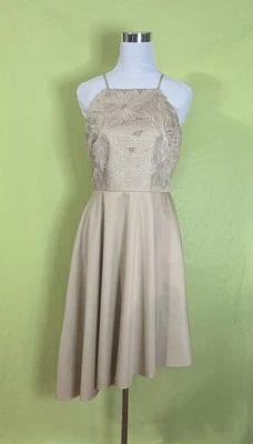 Antonio Melani Size 8 Khaki Dress Floral Embroidered Asymmetrical Tan Halter NWT - Image 1 of 4