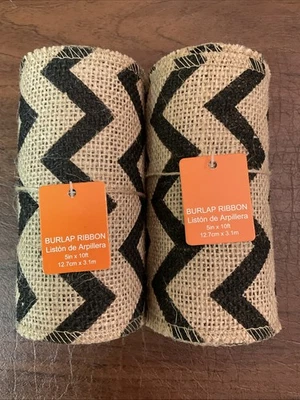 NWT Set Of 2 Black Chevron Burlap Ribbon Unwired 5in by 10ft-FREE SHIPPING! - Image 1 of 4