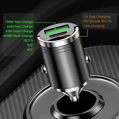 Mini 100W PD QC Pull Fast Charging Car Charger USB Car C Phone Charger W2P2 - Image 1 of 4