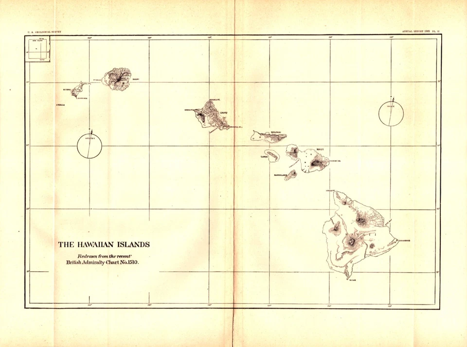 Mapa antiguo fechado de las islas hawaianas de la carta del almirantazgo británico 1884 Foto 1 de 1