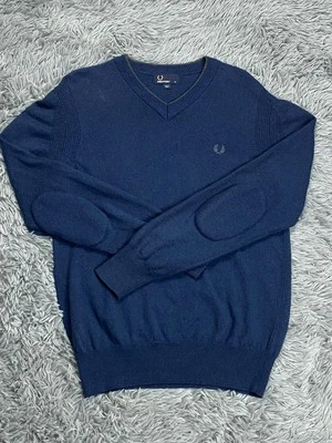 Fred Perry Sweater Mens Medium Blue Pullover Wool V Neck Elbow Patches Jumper - Image 1 of 4
