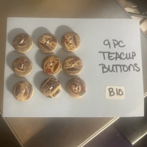 9 PC TEACUP BUTTONS ROUND AND WOODEN 2 HOLE   B-10 - Picture 1 of 3