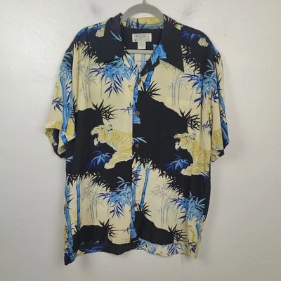 Vintage Avanti Silk Hawaiian Shirt Mens Large Tiger Bamboo AOP Print Floral - Image 1 of 4