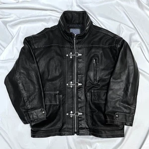 Vintage Leather Fireman Jacket | Black | Quilted Genuine Leather | Free Size - Picture 1 of 2
