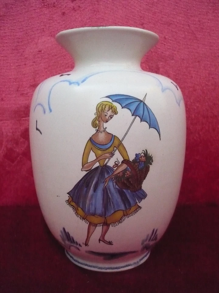 Bella Vecchia Vaso Decorativo Con Ragazza E Ombrello, Cane.. Marcato! - Immagine 1 di 1