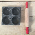 Vtg Childs Muffin Tin Toy 4 Muffin Slot Baking & Wood Red Handle Rolling Pin Lot
