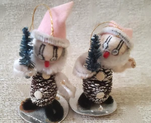 Vintage Pair of Pinecone Elves Christmas Ornaments Pink hats, Chenille, 2 in. - Picture 1 of 9