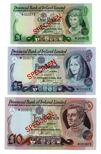 1977-79 1,5,&10L Provincial Bank of Ireland Limited Notes (Lot of 3) - Specimens - Picture 1 of 2